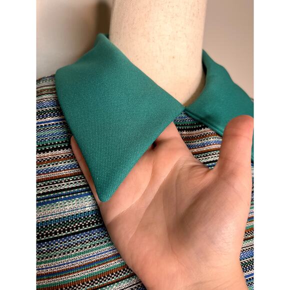 1970s Teal Brown Tweed Stripes Western Retro Disco Dagger Collar Hostess Dress M - Picture 4 of 6